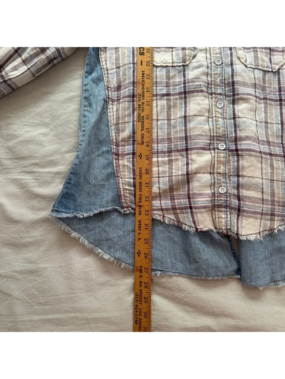 Free People Clara Mixed Media Plaid Denim Button Down Shirt Fringe Small